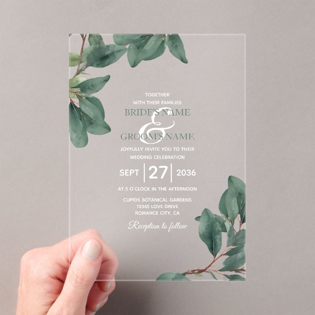 Eucalyptus Greenery Clear Transparent Wedding Acrylic Invitations (Insitu (Handheld))