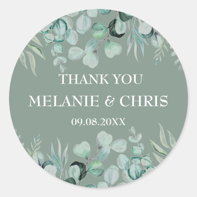 Eucalyptus Greenery Custom Boho Rustic Wedding Classic Round Sticker (Front)