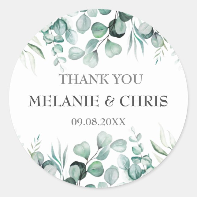 Eucalyptus Greenery Custom Boho Rustic Wedding Classic Round Sticker (Front)