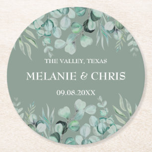Eucalyptus Greenery Custom Boho Rustic Wedding Round Paper Coaster