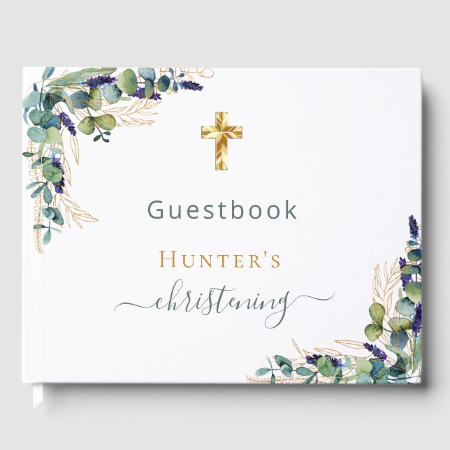 Eucalyptus greenery custom photo christening guest book (Front)