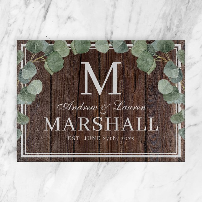 Eucalyptus Greenery Dark Wood Couple Wedding Gift Cutting Board (Creator Uploaded)