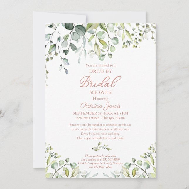 Eucalyptus Greenery Drive By Bridal Shower Invitat Invitation (Front)