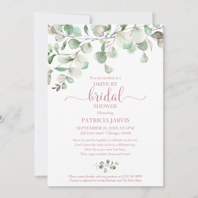 Eucalyptus Greenery Drive By Bridal Shower Invitat Invitation (Front)