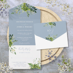 Eucalyptus Greenery Dusty Blue Monogram Wedding All In One Invitation