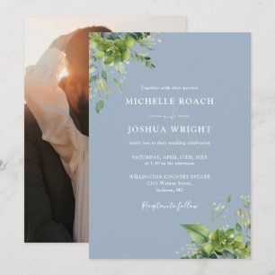 Eucalyptus Greenery Dusty Blue Photo Wedding Invitation