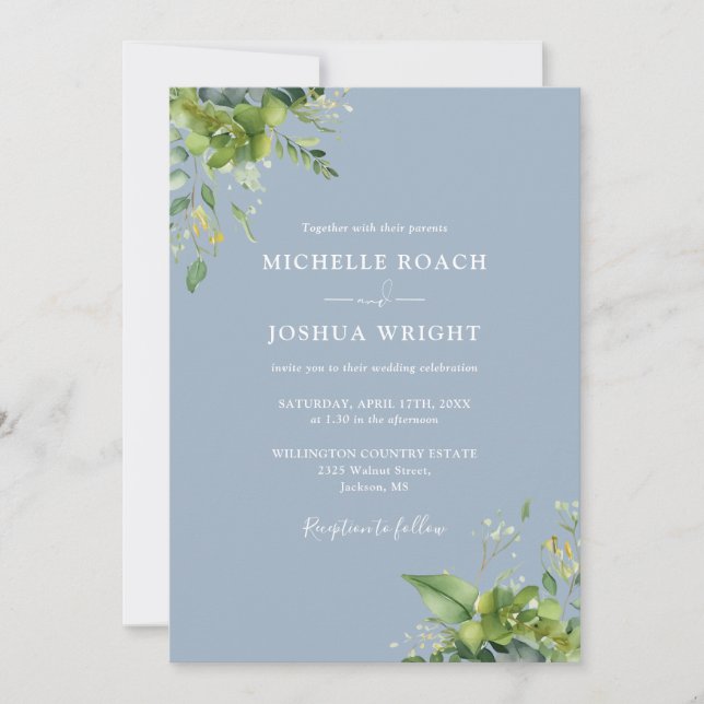 Eucalyptus Greenery Dusty Blue QR Code Wedding Invitation (Front)