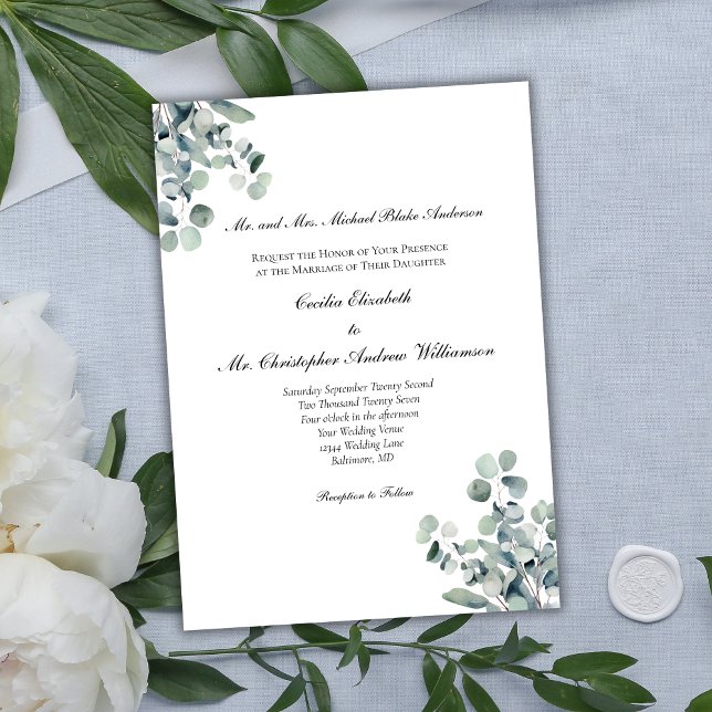 Eucalyptus Greenery Elegant Formal Wording Wedding Invitation (Eucalyptus Greenery Botanical Formal Traditional Wording Wedding Invitation)
