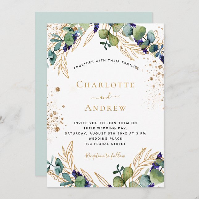 Eucalyptus greenery elegant glitter wedding invitation (Front/Back)