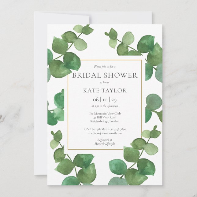 Eucalyptus Greenery Elegant Gold Bridal Shower Invitation (Front)