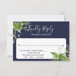 Eucalyptus Greenery Elegant Navy Blue Wedding RSVP Card
