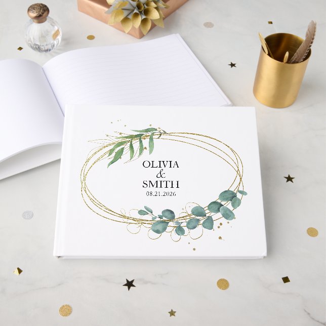 Eucalyptus Greenery Elegant Watercolor Pattern Guest Book (Front Open)