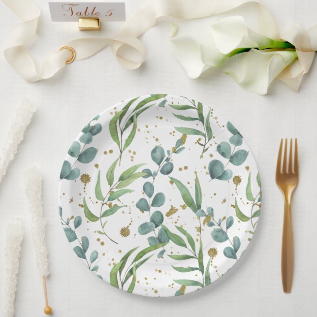 Eucalyptus Greenery Elegant Watercolor Pattern Paper Plate (Wedding)