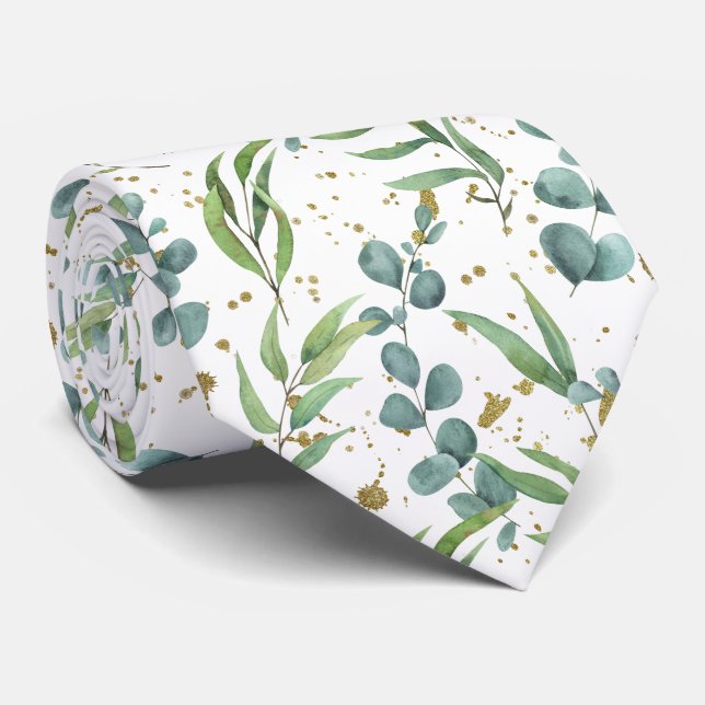 Eucalyptus Greenery Elegant Watercolor Pattern Tie (Rolled)