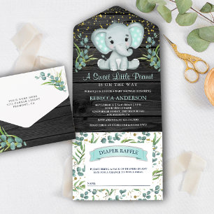Eucalyptus Greenery Elephant Grey Wood Baby Shower All In One Invitation