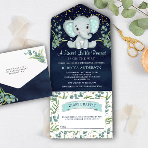 Eucalyptus Greenery Elephant Navy Blue Baby Shower All In One Invitation