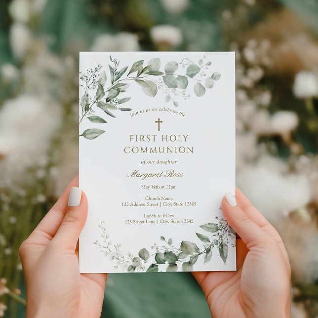 Eucalyptus Greenery First Communion Religious Invitation (Creator Uploaded)