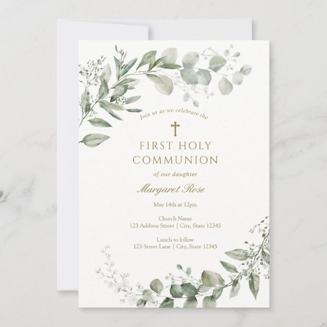 Eucalyptus Greenery First Communion Religious Invitation (Front)