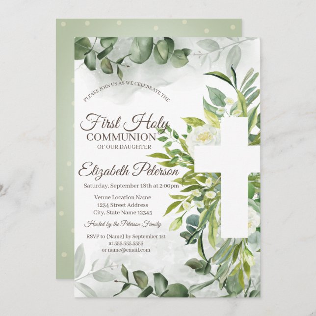 Eucalyptus Greenery First Holy Communion  Invitation (Front/Back)