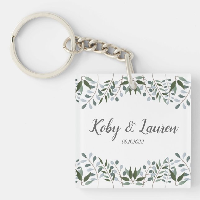 Eucalyptus Greenery Floral Anniversary Date Key Ring (Front)