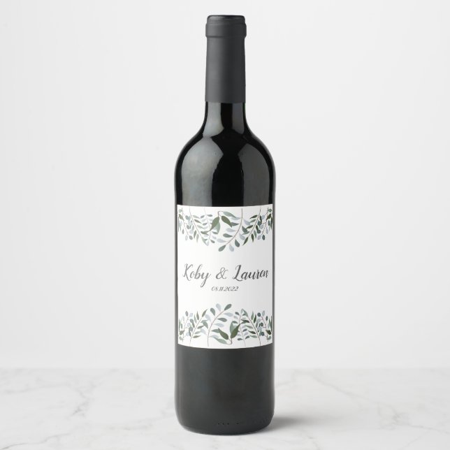 Eucalyptus Greenery Floral Anniversary Date Wine Label (Front)