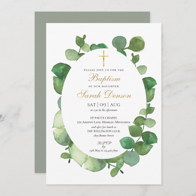 Eucalyptus Greenery Floral Baptism Christening Invitation (Front/Back)
