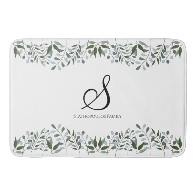 Eucalyptus Greenery Floral Family Name Bath Mat (Front)