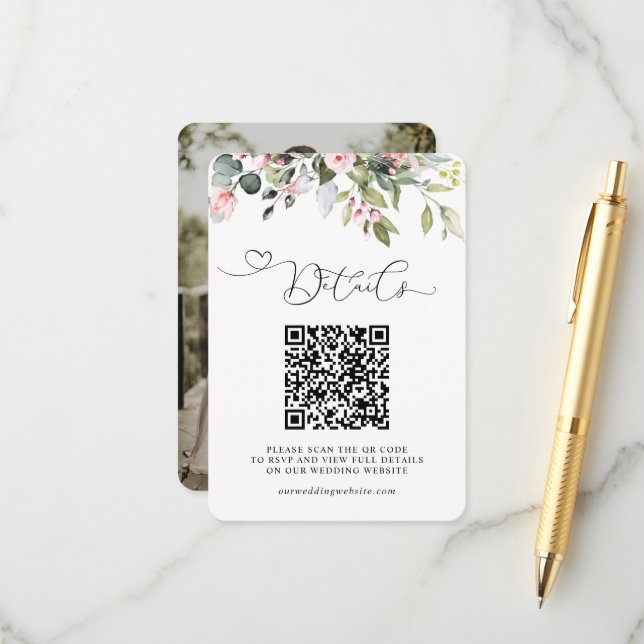 Eucalyptus Greenery Floral QR Code & Photo Wedding Enclosure Card (Front/Back In Situ)