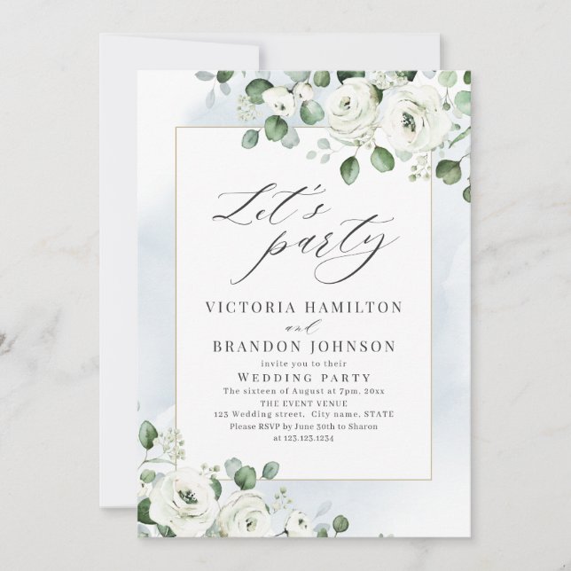 Eucalyptus greenery floral rustic wedding party invitation (Front)