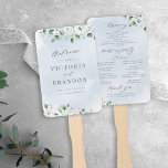 Eucalyptus Greenery floral rustic wedding programs Hand Fan<br><div class="desc">Modern chic watercolor Eucalyptus Greenery and white floral on dusty blue background,  elegant and stylish,  great for rustic wedding,  botanical wedding and beach wedding in spring and summer. 
See all the matching pieces in collection</div>