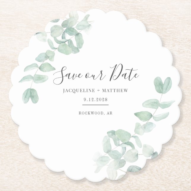 Eucalyptus Greenery Floral Save the Date Paper Coaster (Front)