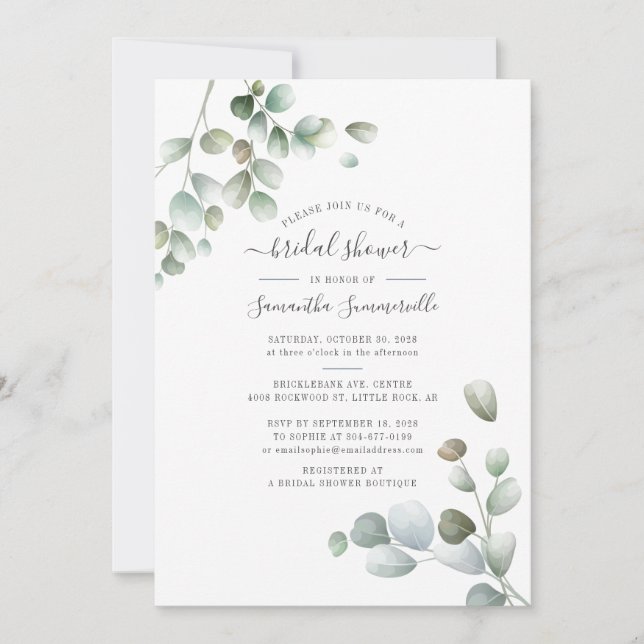 Eucalyptus Greenery Floral Script Bridal Shower Invitation (Front)
