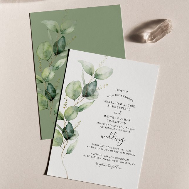 Eucalyptus Greenery Foliage Modern Wedding Invitation (Eucalyptus Watercolor Script Wedding Invitation)