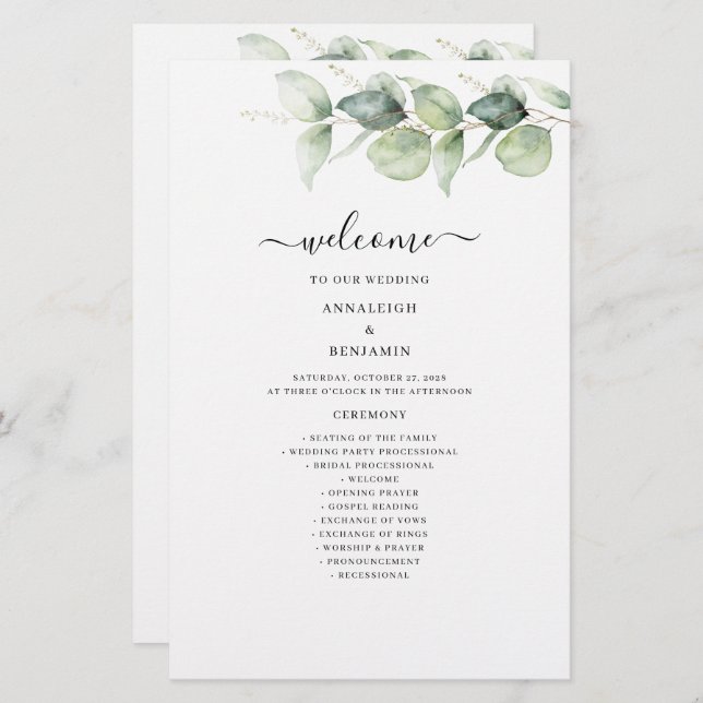 Eucalyptus Greenery Foliage Wedding Program (Front/Back)