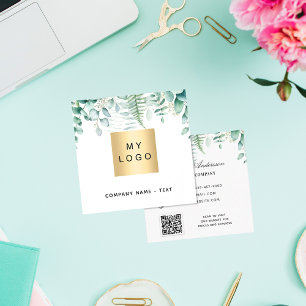 Eucalyptus greenery forest fern QR code logo Square Business Card