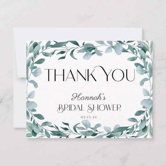 Eucalyptus Greenery Frame Green Blue Bridal Shower Thank You Card (Front)