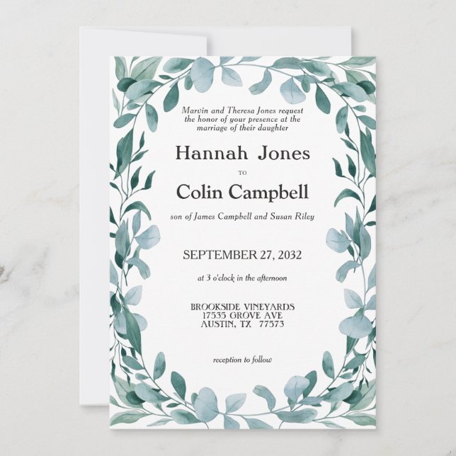 Eucalyptus Greenery Frame Green Blue Wedding Invitation (Front)
