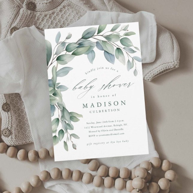 Eucalyptus Greenery Gender Neutral Baby Shower Invitation (Elegant Eucalyptus Greenery Baby Shower Invitations.)