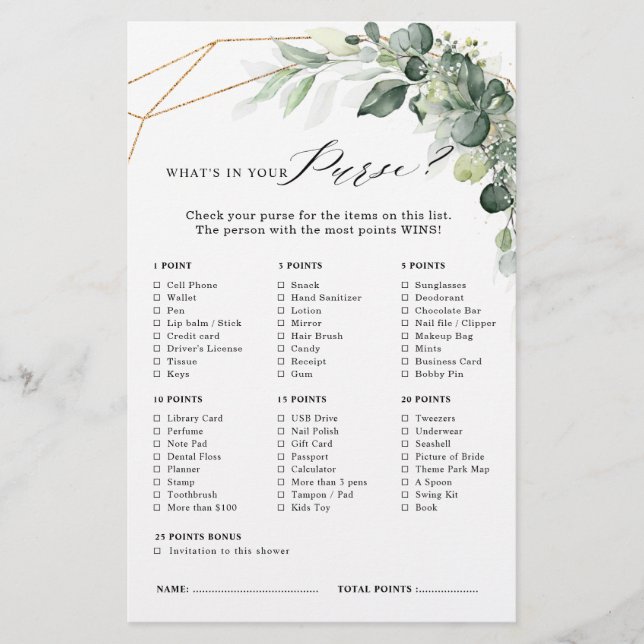 Eucalyptus Greenery Geometric Bridal Shower Game (Front)