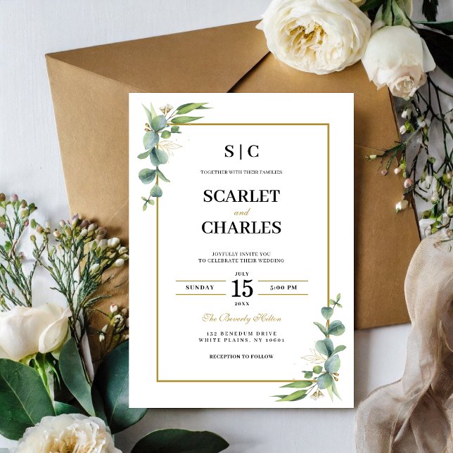 Eucalyptus Greenery Geometric Floral Wedding Invitation (Eucalyptus greenery geometric invitation welcomes guests with modern botanical elegance.)