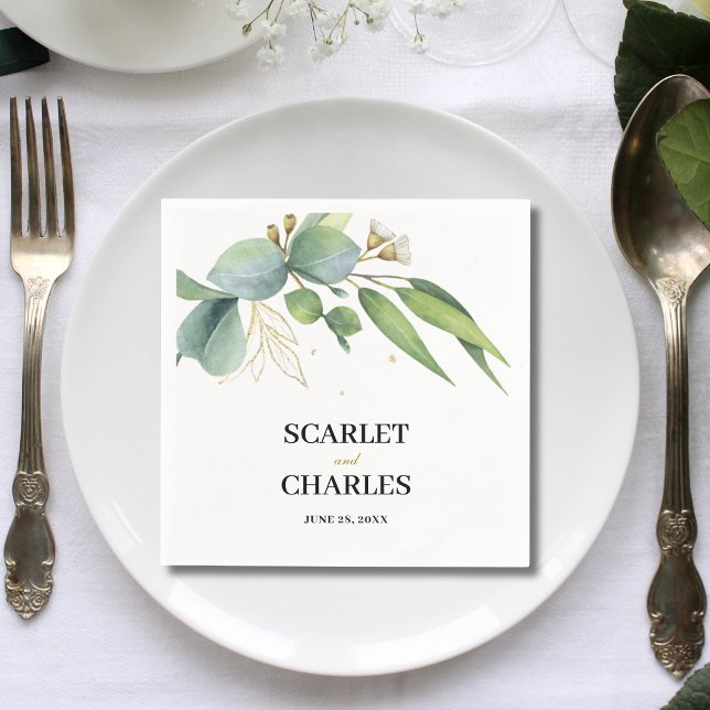 Eucalyptus Greenery Geometric Floral Wedding Napkin (Eucalyptus greenery geometric wedding napkins add modern style to every place setting.)