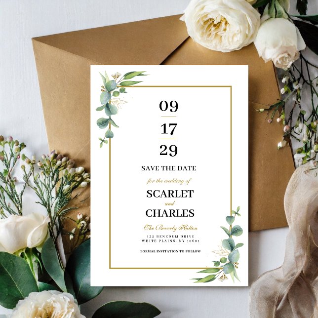 Eucalyptus Greenery Geometric Floral Wedding Save The Date (Eucalyptus greenery geometric Save the Date announces your wedding with modern elegance.)
