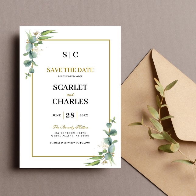 Eucalyptus Greenery Geometric Floral Wedding Save The Date (Eucalyptus greenery geometric Save the Date shares your wedding with modern botanical style.)