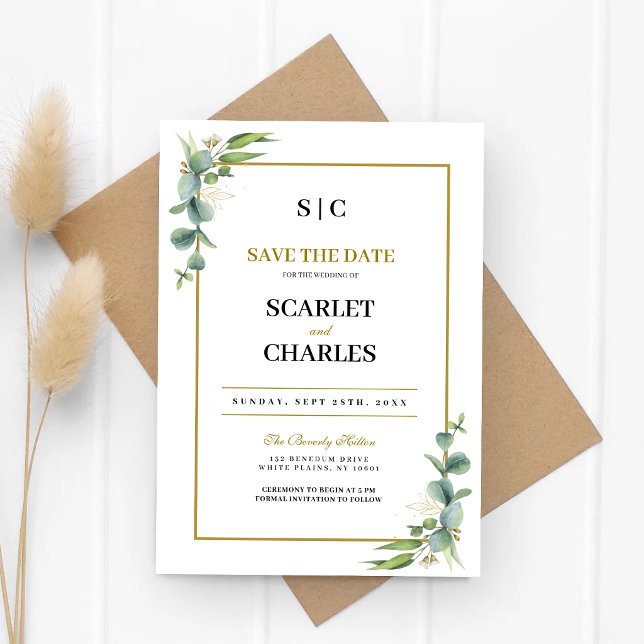 Eucalyptus Greenery Geometric Floral Wedding Save The Date (Eucalyptus greenery geometric Save the Date celebrates your love with modern elegance.)