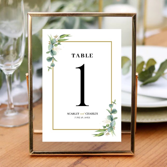 Eucalyptus Greenery Geometric Floral Wedding Table Number (Eucalyptus greenery geometric table number guides guests with modern botanical style.)
