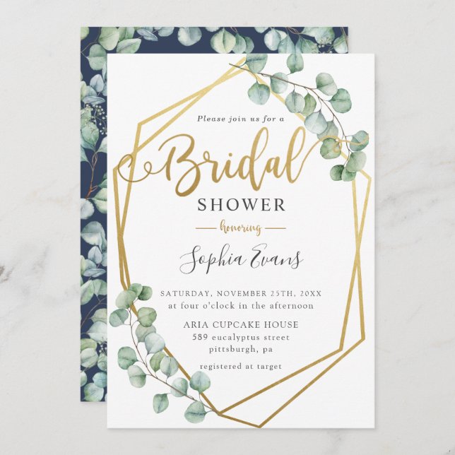 Eucalyptus Greenery Geometric Gold Bridal Shower Invitation (Front/Back)