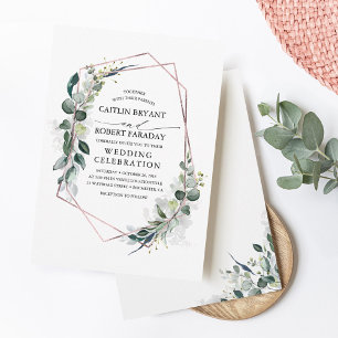 Eucalyptus Greenery Geometric Rose Gold Wedding Invitation