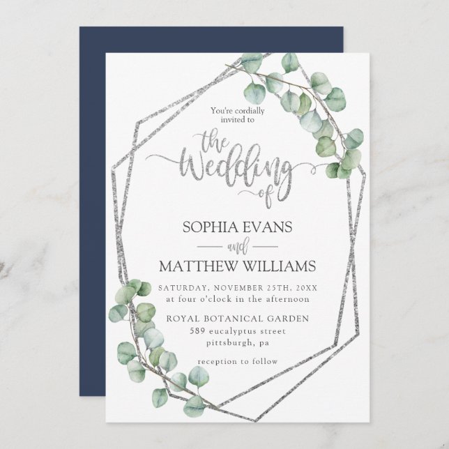 Eucalyptus Greenery Geometric Silver Frame Wedding Invitation (Front/Back)