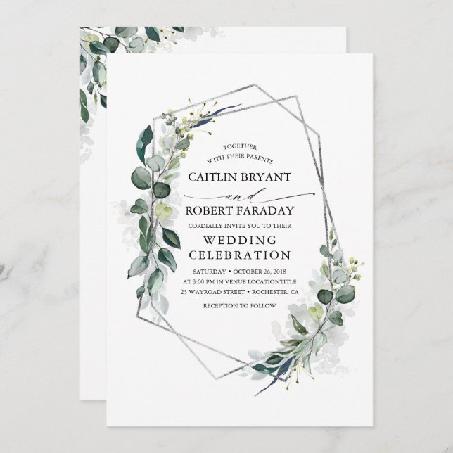 Eucalyptus Greenery Geometric Silver Frame Wedding Invitation (Front/Back)