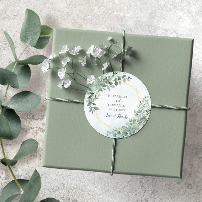 Eucalyptus Greenery Geometric Watercolor Wedding Classic Round Sticker (Creator Uploaded)